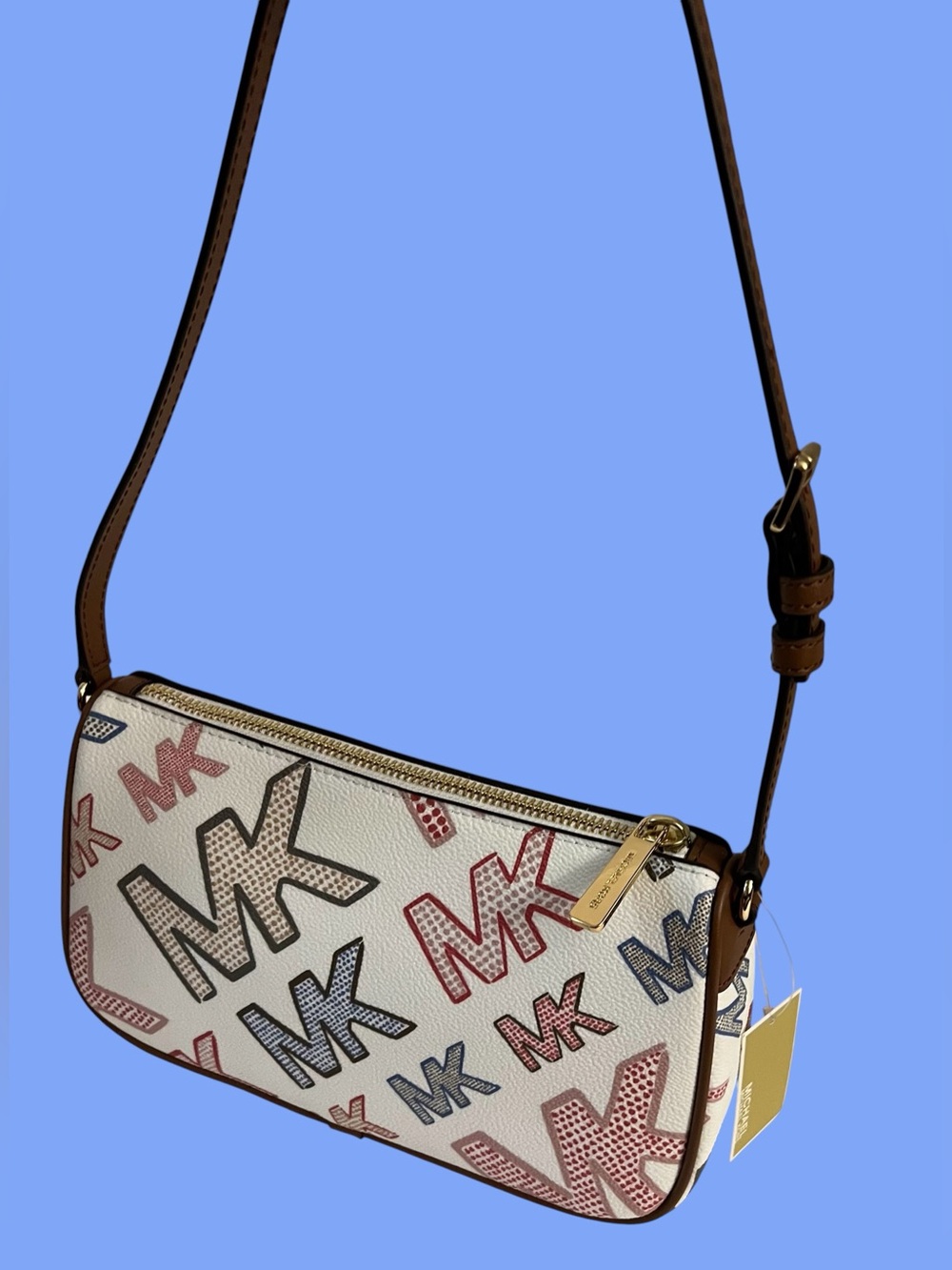Michael Kors White Multicolor MK Logo Shoulder Bag with Brown Trim - Picture 7 of 16